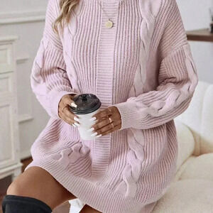 Baby Pink Casual Womens Turtleneck Cable Knit Drop Shoulder Sweater Dress